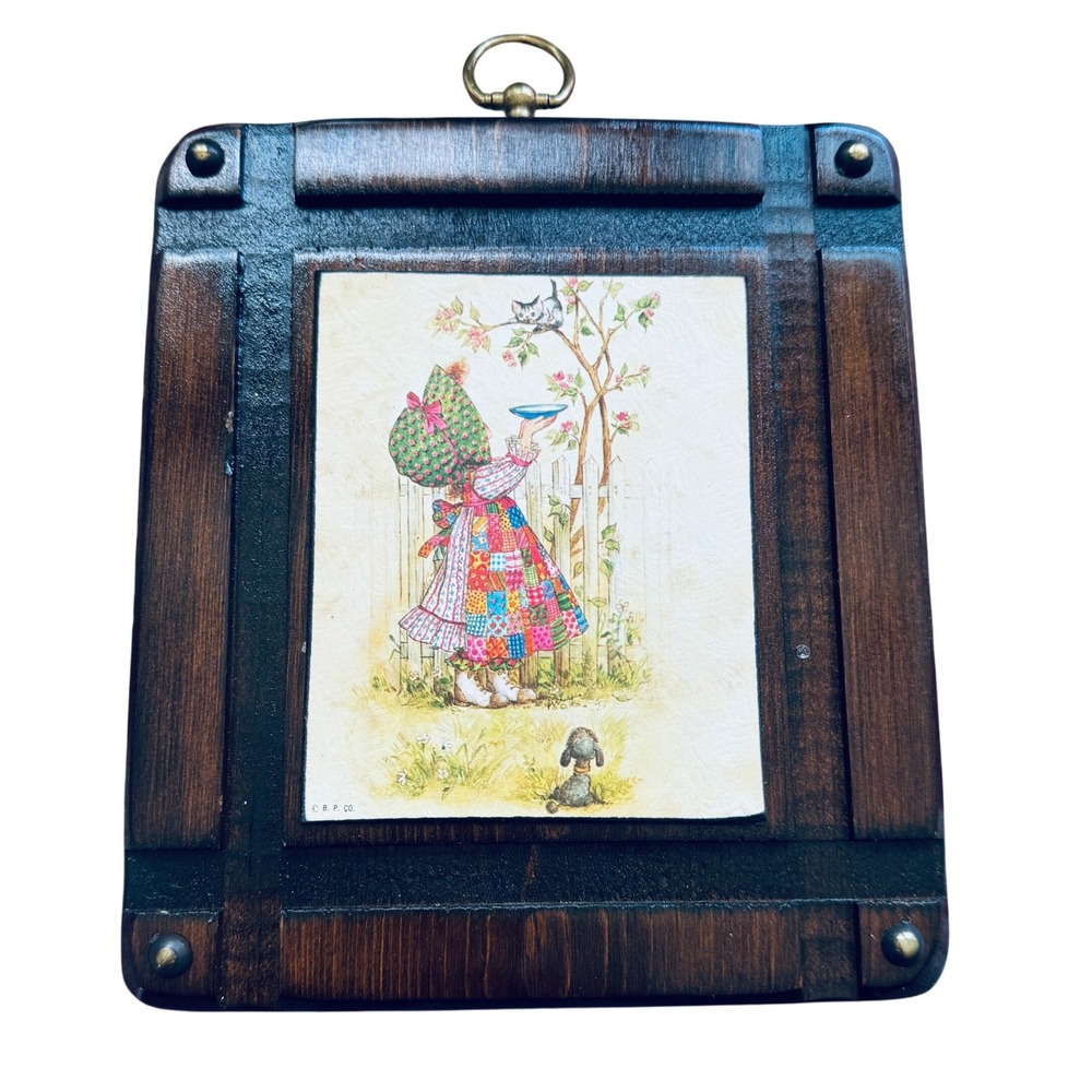 Vintage Patchwork Girl Cat Tree wall plaque 70s Americana‎ Country Holly Hobbie